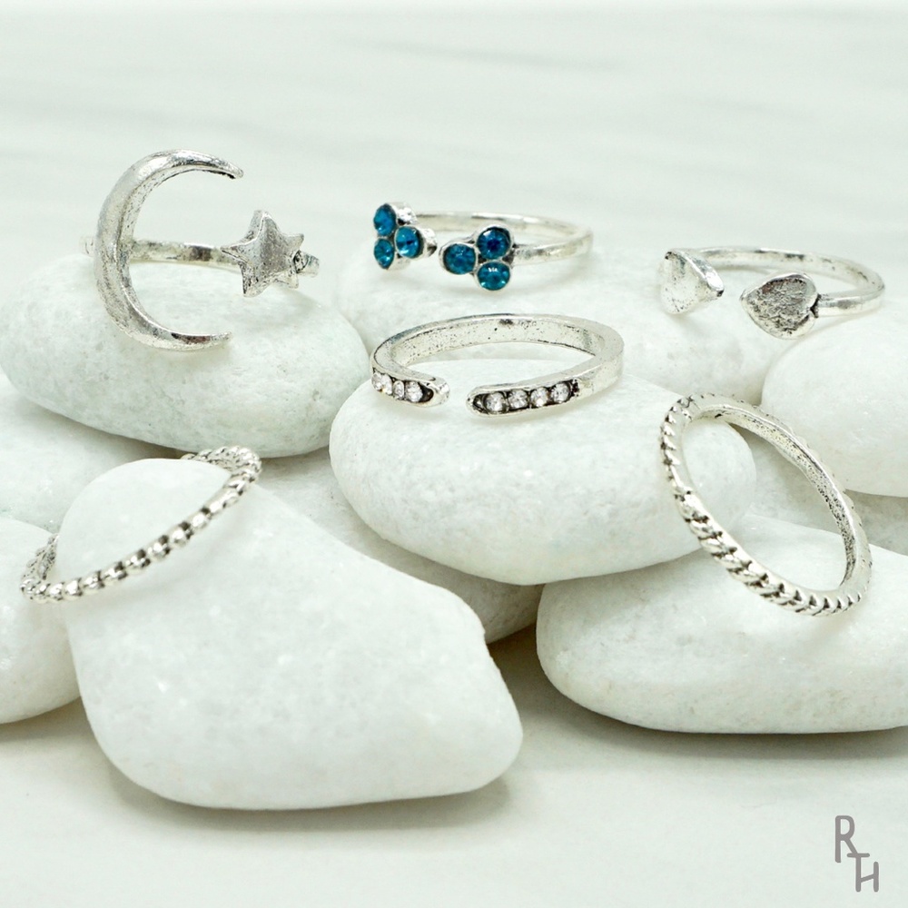 Boho Moon Star Heart Crystal 6 Piece Ring Set